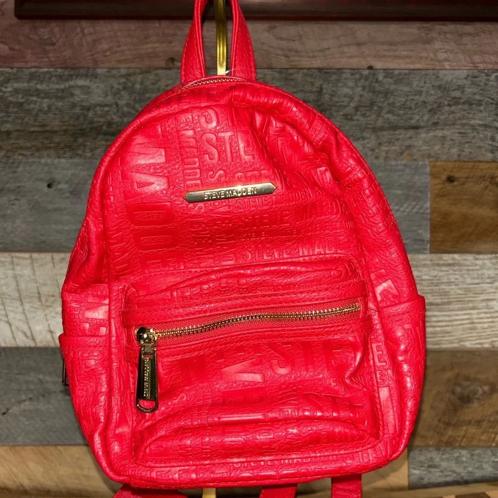 Steve Madden Red Embossed Logo Mini Backpack - Picture 9 of 11